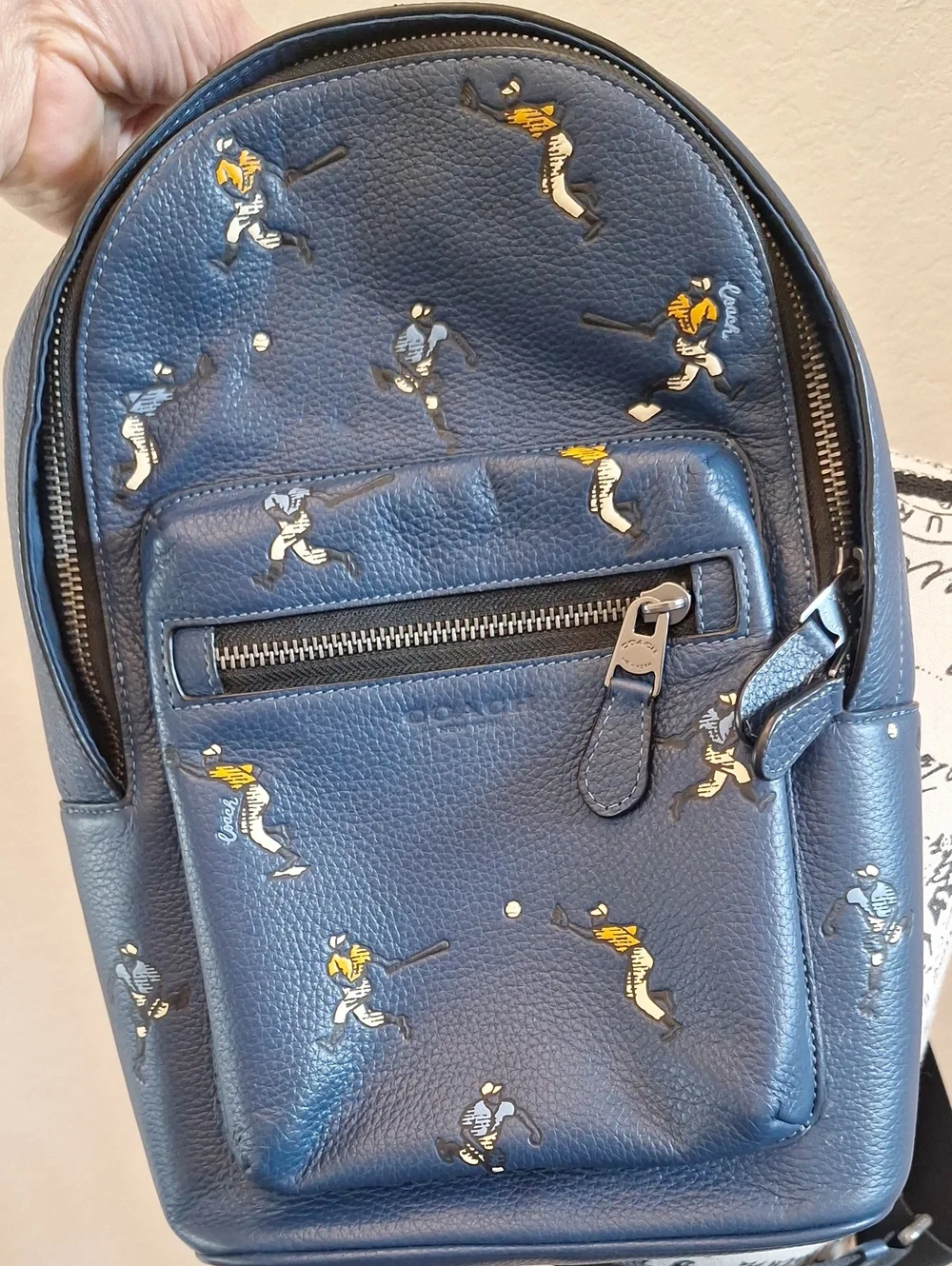 Coach West Backpack With Baseball Print Navy Blue Pebbled Leather Classic